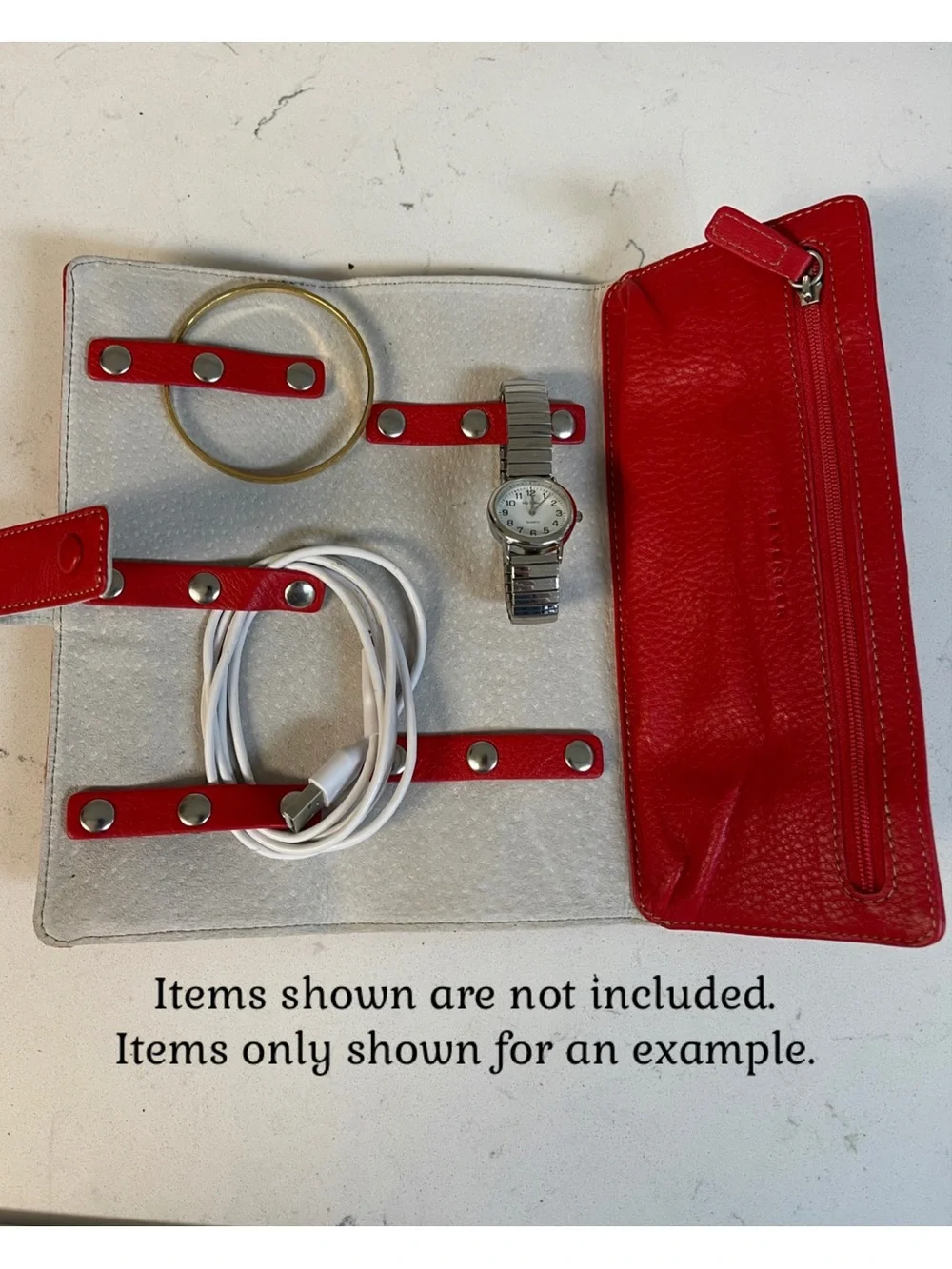 Levenger Red Leather Folded Travel Snap Trifold Jewelry Roll Case - Tech Case